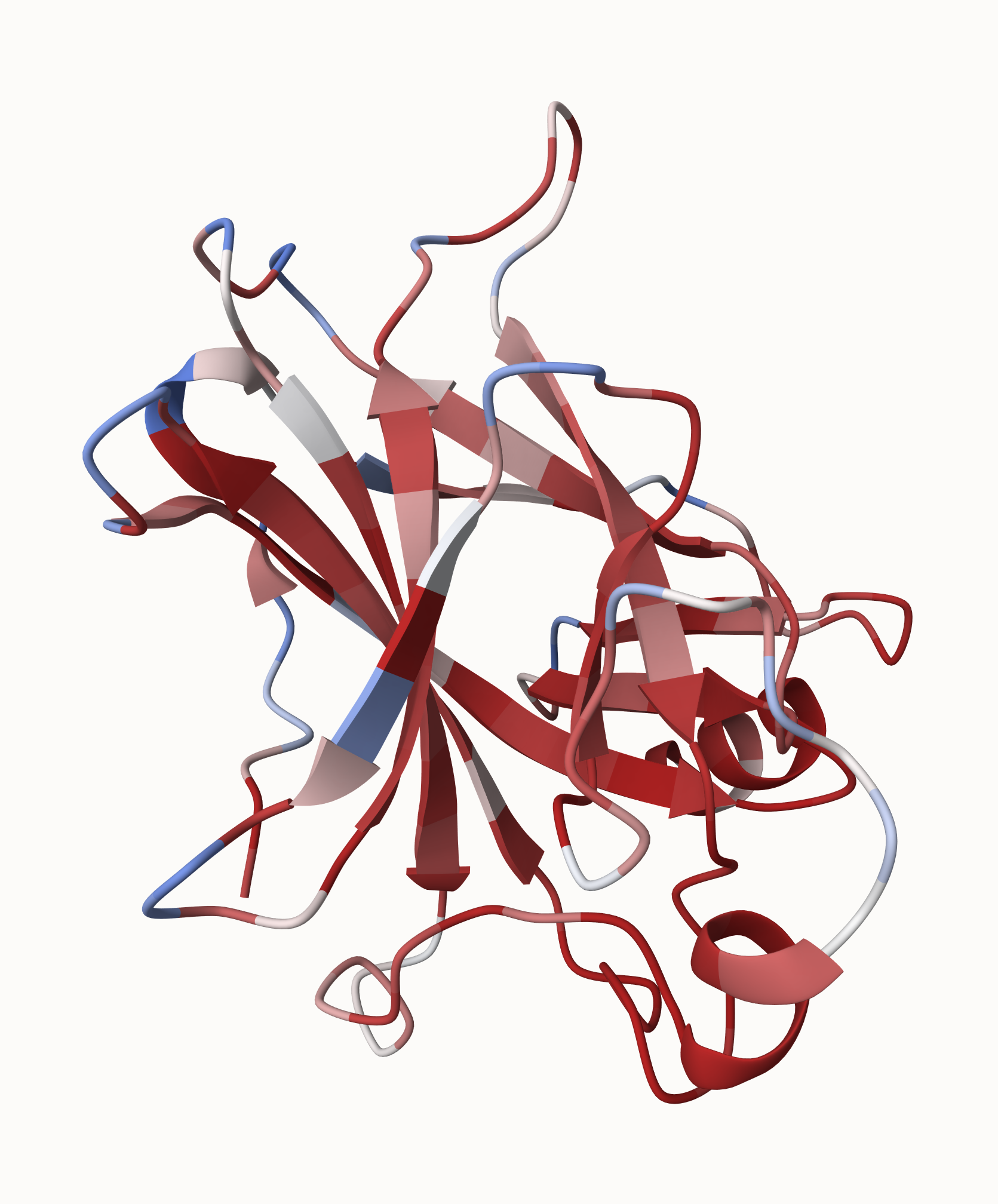 A protein structure illustrating pathogenic hot spots in red as predicted by AlphaMissense.